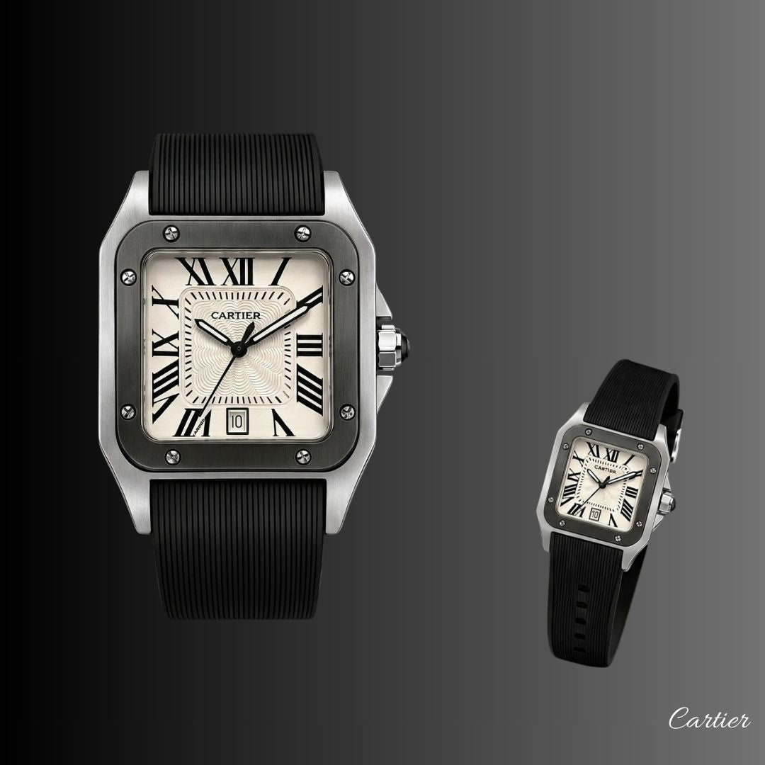 Cartier™ Santos Correa de Goma- Acero Elegante
