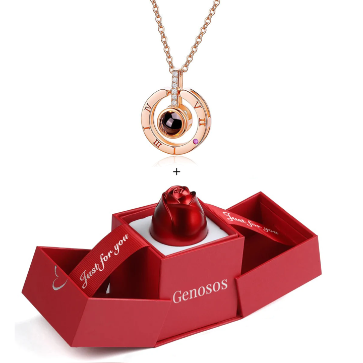 GENOSOS® Collar Amor Eterno en 100 Idiomas + Caja con Rosa